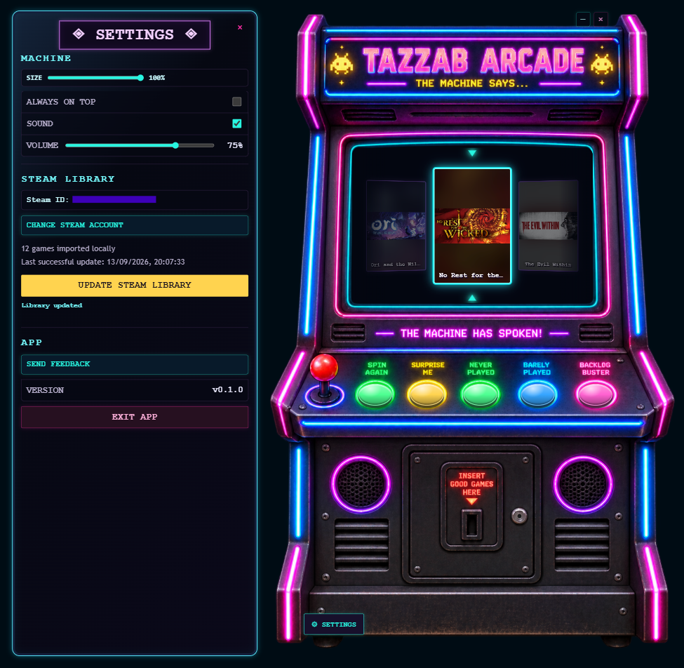 Tazzab Arcade cabinet beside the open Settings panel